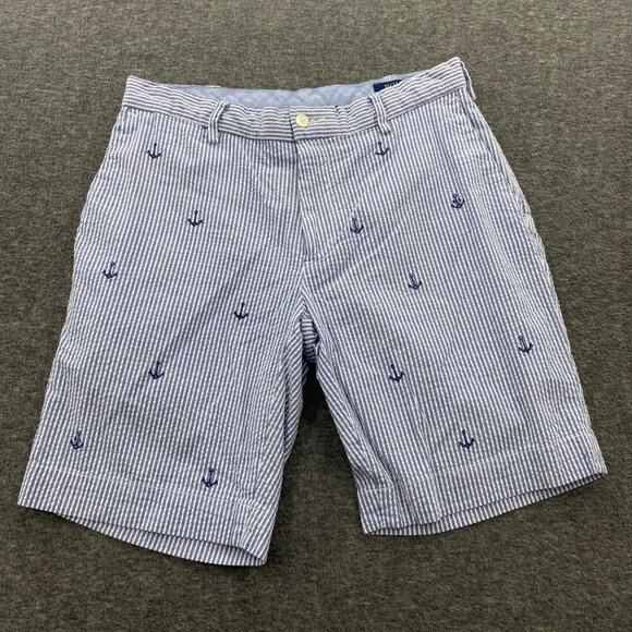 Polo Ralph Lauren Blue Striped Seersucker Anchor Shorts 30 EUC Golf Embroidered - Picture 1 of 12